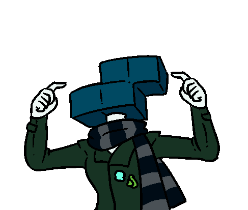 An animated GIF of a humanoid character with a Teal Tetris Piece for a head, they're wearing a navy and grey striped scarf and a green suit like coat with a cyan octopus badge and a green plant badge. Their head is rapidly changing between the different Tetris pieces.